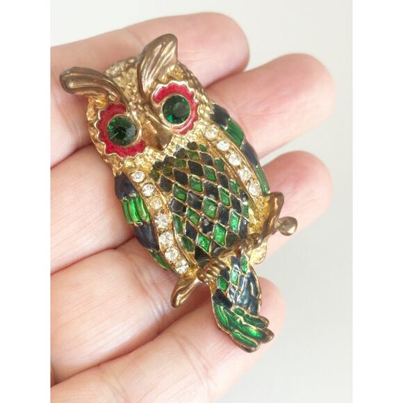 Vintage Jewelry - Vintage Owl Brooch Green and Navy Harlequin Pattern Enamel